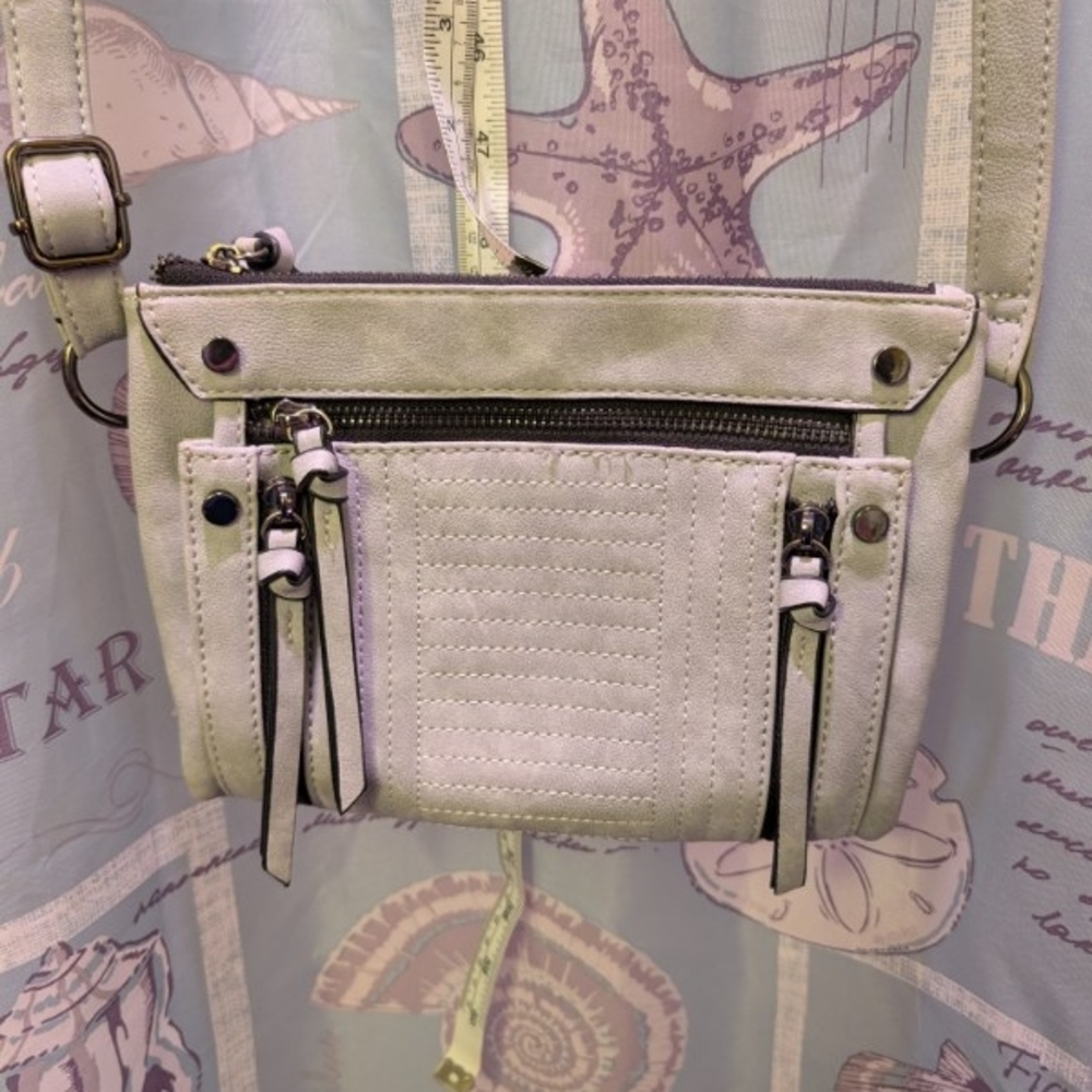 Light Steel Blue Vintage Crossbody Bag With Many Zippers